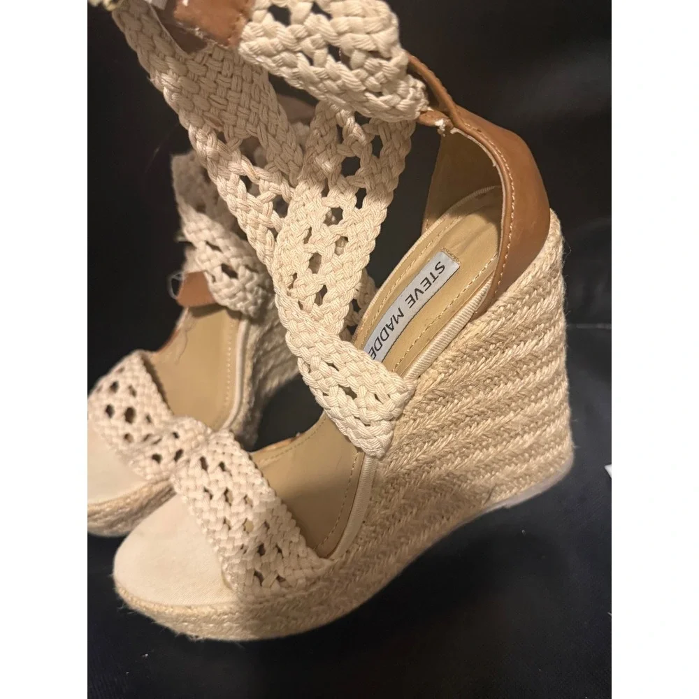 Steve Madden Madest-R Woven Crochet Espadrille Wedge Sandals‎ Cream Tan Size 6
